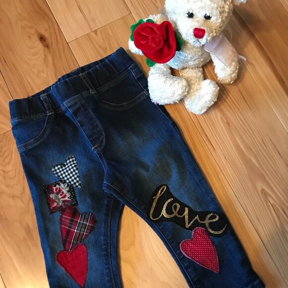Upcycled Patchwork Jeans, Toddler Size 24 Months: Handmade Heart & Love Patches - Picture 6 of 15